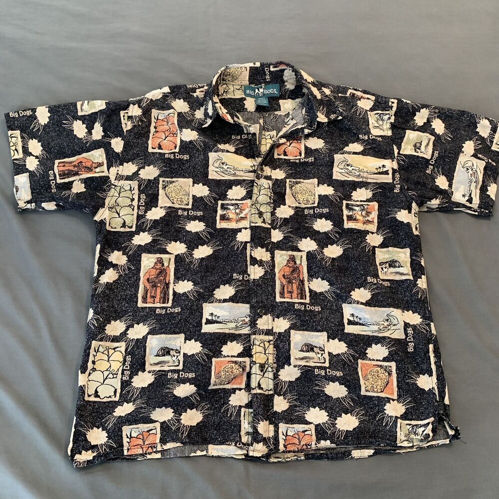 Big Dogs Shirt Mens Small Medium Hawaiian Camp Button Up‎ Dog Print 90s